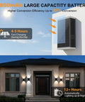Four Pack Solar Wall Lights For Outdoor Use With Dusk To Dawn Sensor mounted on wall illustrating battery stats and brightness.
