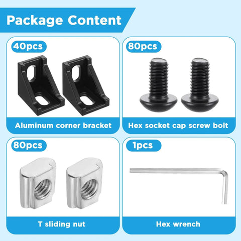 40 Piece Black 2020 Series Aluminum Extrusion Connector Kit With 40 2028 Corner Brackets, 80 T Slot Nuts And M5 Hex Screws Plus 1 Wrench