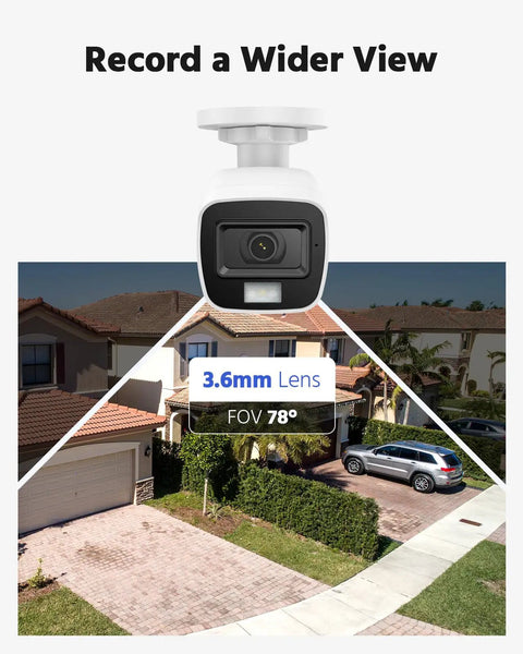 4 Pack 1080P HD TVI Wired Security Camera Kit With Outdoor Bullet Cams showing 3.6mm lens and 78° FOV on house driveway