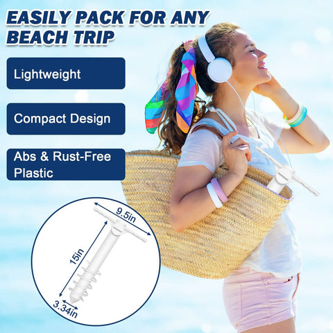Woman carrying beach umbrella sand anchor heavy duty outdoor stand base with five spiral screws and 2 pack umbrella hooks