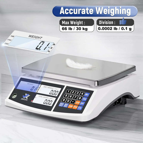 Heavy Duty Industrial Counting Scale 30kg 66lb With 0.1g Precision Bench Scale displaying feather on weighing platform