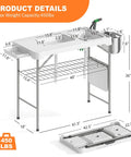 Diagram of Beefy All Weather Folding Fish Cleaning Table With Dual Sinks, max weight 450 lbs, showing dimensions and features.