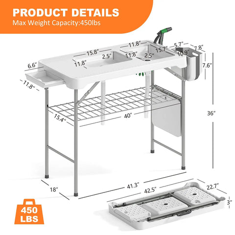 Diagram of Beefy All Weather Folding Fish Cleaning Table With Dual Sinks, max weight 450 lbs, showing dimensions and features.