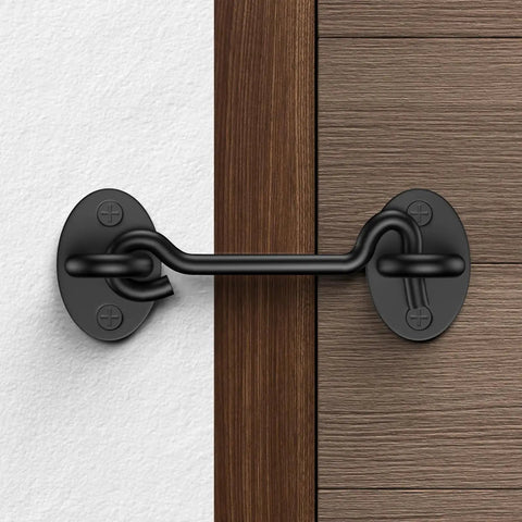 Heavy Duty Barn Door Latch And Lock Set Black Six Inch Hook And Eye Catch With Rust Proof Steel and included screws on wood panel.