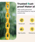 Outdoor Toddler Swing With High Back Full Bucket Seat For Backyard Or Playground 330 Lb Capacity Ultra Safe Design Plastic Coated Chains And Quick Snap Carabiners Kid Friendly EVA Soft Touch Seat For Gentle Skin Waterproof And Shock Absorption rustproof yellow chain with rain droplets