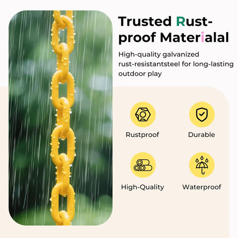 Outdoor Toddler Swing With High Back Full Bucket Seat For Backyard Or Playground 330 Lb Capacity Ultra Safe Design Plastic Coated Chains And Quick Snap Carabiners Kid Friendly EVA Soft Touch Seat For Gentle Skin Waterproof And Shock Absorption rustproof yellow chain with rain droplets