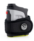 Super Slim 2.0 Golf Rangefinder Magnetic Strap in black holding a rangefinder, form fitting buckle-free design with strong magnet