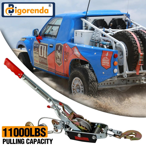 Bigorenda come-along winch with steel cable and red handle; 11000 lb capacity, shown with blue off-road pickup