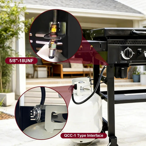 Universal Propane Regulator With Hose For Grills, Grillin Stoves And RV Campin Gear, QCC1 Connector on outdoor grill
