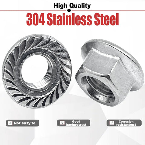 Built Different M14 1.5 Metric Flange Nuts Rock Solid Anti Vibration Locking Hardware 304 Stainless Steel close-up view