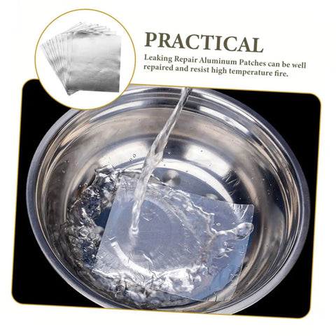 Leak Repair Patch Kit For Pots And Pans, Flame Resistant Tape For Cookware And Household Items, Easy To Use Aluminum Patch Sheets To Stop Leaks In Kettles, Buckets, Pans, And More showing aluminum patch in stainless steel basin with water pour.