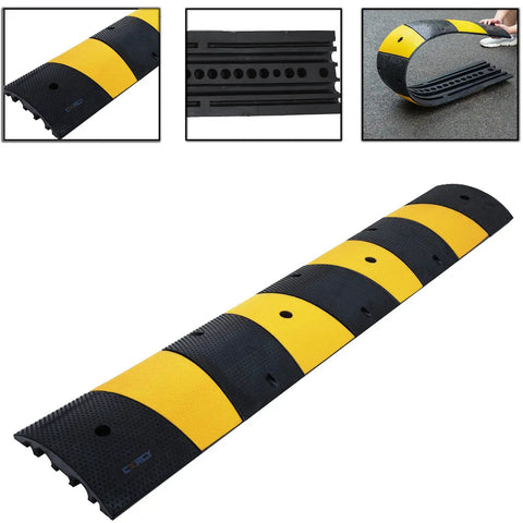 Beefy Heavy Duty 2 Pack 2 Channel Modular Rubber Driveway Speed Bumps And Cable Protector Ramp in yellow and black stripes
