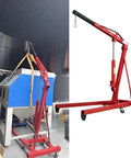 Heavy Duty 2 Ton 4400 Lbs Engine Hoist Folding Alloy Steel Cherry Picker lifting blue box in garage workshop.