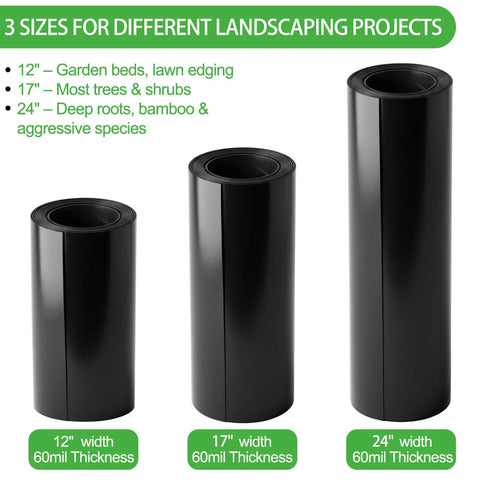Three sizes of Root Barrier 12In By 15Ft By 60Mil For Trees, Recycled HDPE Landscape Edging Roll for grass and weed control