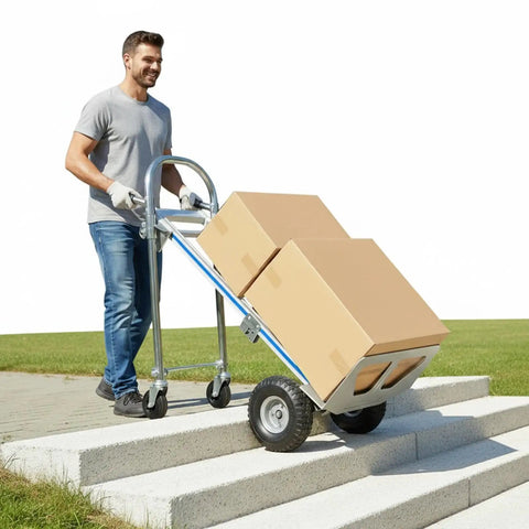 Beefy 3 In 1 Utility Dolly Cart With 550 Lb Capacity Heavy Duty Aluminum Frame Industrial Grade Convertible Cart For Moving Appliances Furniture And Luggage In One Handy Tool, man using stair mode with boxes