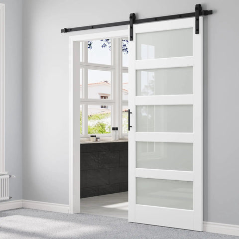 36X84 White Tempered Glass Sliding Barn Door With Complete Hardware Kit 6.6FT Rail Handle And Floor Guide in modern home interior.