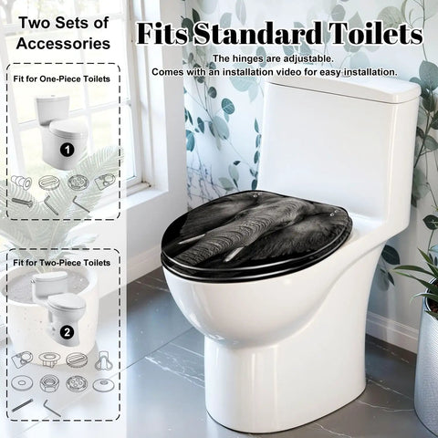 Elongated Monochrome portrait elephant Toilet Seat on standard toilet, showcasing soft-close design and adjustable hinges.