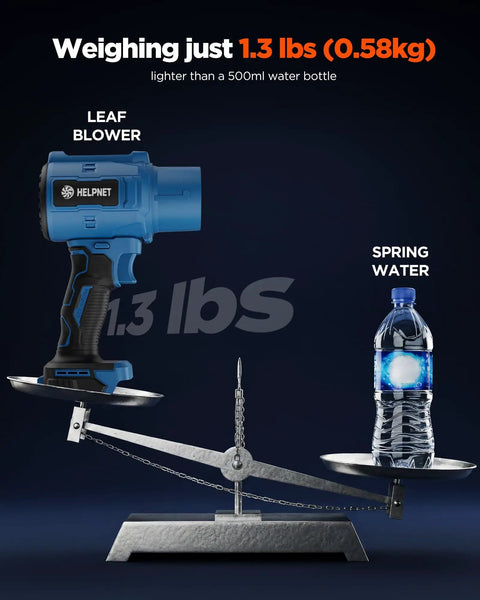 Powerful Cordless Leaf Blower on scale comparing weight with water bottle.