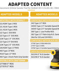 Compatibility chart for 4 Pack 5 Inch Hook And Loop Orbital Sander Pad With 8 Dust Holes And 3 Screw Holes Center 1 Inch Compatible With DeWalt Sander Models DW420 DW421 DW422 DW423 DW426 D26451 DW4388 Replacement Pad.