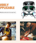 Badass Impact Resistant Welding Safety Glasses With Tinted Arc Lens And Heavy Duty Frame For Industrial Grinding Dust Splash Eye Protection That Is Hella Durable For Daily Tasks displayed with two workers using grinding tools.