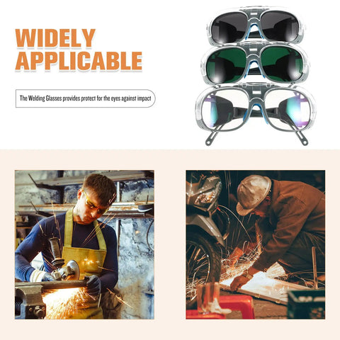 Badass Impact Resistant Welding Safety Glasses With Tinted Arc Lens And Heavy Duty Frame For Industrial Grinding Dust Splash Eye Protection That Is Hella Durable For Daily Tasks displayed with two workers using grinding tools.