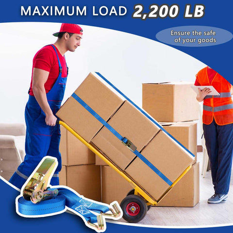Workers using Four Pack Ratchet Straps 1 Inch Wide By 16.4 Feet Long With 2200 Lb Break Strength And Sturdy Metal Hooks, blue