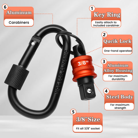 Five Piece Socket Holder Key Chain With Quick Release Carabiner For Three Eighth Inch Drive Sockets Built Tough Aluminum And Steel Organizer For Mechanics Linemen Construction Pros And Carpenters