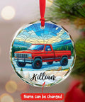 Custom Name Pickup Truck Stained Glass Ornament For Christmas Tree Red Vintage Farm Vehicle Keepsake Personalized Xmas Decor