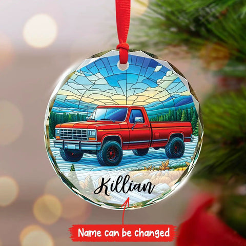 Custom Name Pickup Truck Stained Glass Ornament For Christmas Tree Red Vintage Farm Vehicle Keepsake Personalized Xmas Decor