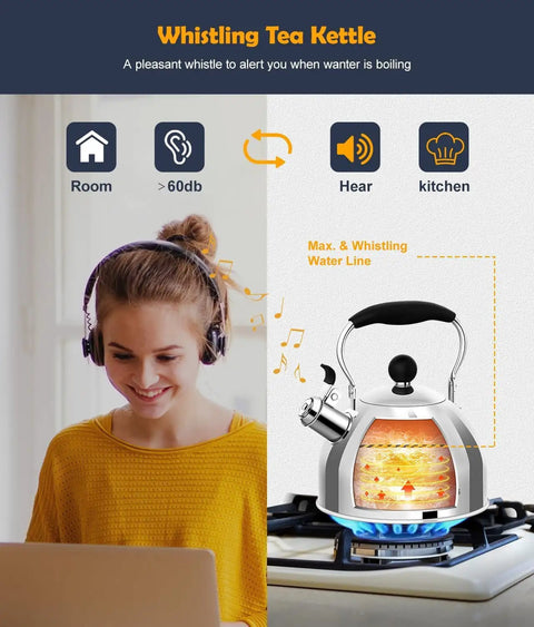 Stainless Steel 2 Quart Whistling Tea Kettle For Stovetop With Ergonomic Folding Handle on gas stove, loud whistle, silver design.