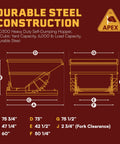 Durable steel HD300 self-dumping hopper with 3 cubic yard capacity and 6000 lb load capacity dimensions and specs.