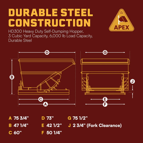 Durable steel HD300 self-dumping hopper with 3 cubic yard capacity and 6000 lb load capacity dimensions and specs.