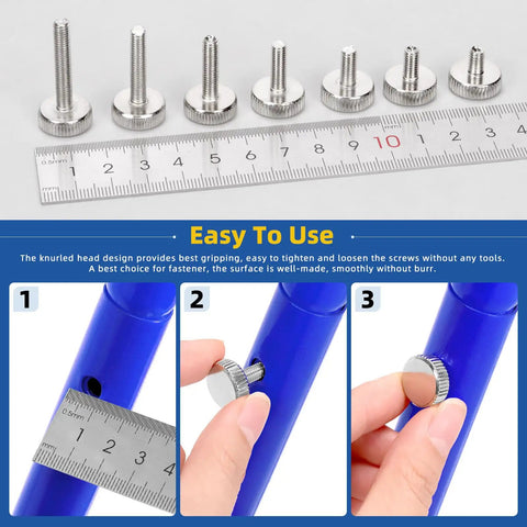 35 Piece M5 Thumb Screw Kit With Knurled Round Heads In 8 10 12 16 20 25 30mm showing alignment with ruler