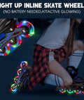 Skater using 8 Pack Lit Up Inline Skate Wheels 64mm 72mm 76mm 80mm With ABEC 9 Bearings, glowing in dark, for indoor and outdoor use.
