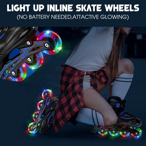 Skater using 8 Pack Lit Up Inline Skate Wheels 64mm 72mm 76mm 80mm With ABEC 9 Bearings, glowing in dark, for indoor and outdoor use.