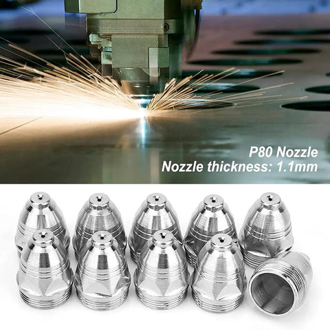 Top Tier P80 Plasma Cutting Consumables Set Featuring 1.1mm Nozzle And Electrode Kit For Air Plasma Cutters with metallic nozzles.