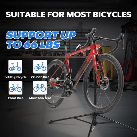 Red road bike on Floor Bike Repair Stand With Height Adjustable Arm And Tool Tray For Road And Mountain Bikes, 66 lb capacity.
