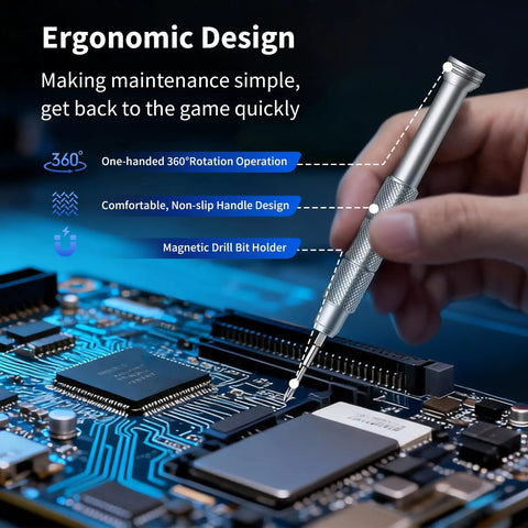 130 In 1 Precision Screwdriver Set Mini Repair Kit being used on a circuit board, highlighting ergonomic design and magnetic drill bit holder