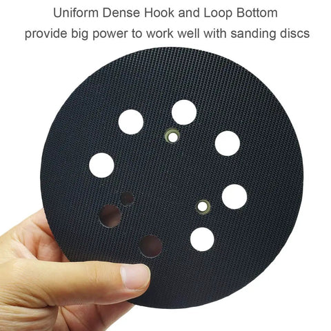 Hand holding 5 Inch 8 Hole Hook And Loop Sander Pad Replacement for Orbital Sanders showcasing dust collection and screw-on install
