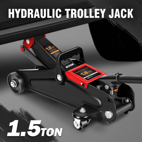 Low Profile Hydraulic Trolley Floor Jack 1.5 Ton Capacity With Lift Range From 5.3 To 12 Inches Black Beefy Heavy Duty Service Jack
