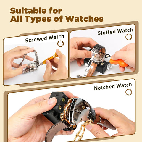 Hands using All In One Watch Repair Tool Kit With Press Tool And Link Removal Set for various watch repair tasks.