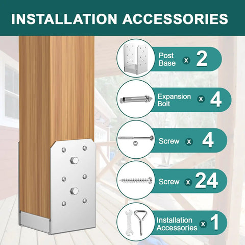 2 Pack 4x4 Post Base Adjustable Stainless Steel Anchor For Concrete Decks And Railings, installation accessories shown