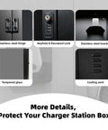 Hella Rugged EV Charger Enclosure For Tesla Wall Connector And Most Electric Cars features keyhole lock, stainless steel hinge, and tempered glass.