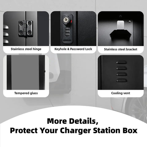 Hella Rugged EV Charger Enclosure For Tesla Wall Connector And Most Electric Cars features keyhole lock, stainless steel hinge, and tempered glass.
