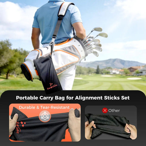 Man carrying a golf bag with portable carry bag for Golf Alignment Sticks Holder And Swing Trainer on a golf course.