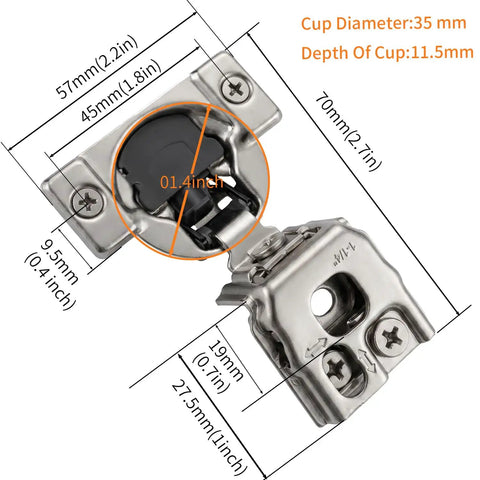 8 Pack Overlay Soft Close Cabinet Hinges For Face Frame Cabinets With 3D Hydraulic Soft Close Concealed Kitchen Door Hinges Screws Included One And A Quarter Inch Adjustable Quiet Smooth Close For Cabinets, hinge measurements shown