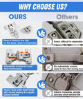 Comparison of heavy-duty zinc alloy bifold door hinge set showing adjustable and detachable features for closet cabinets.