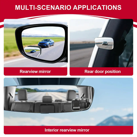Wide Angle Frameless Blind Spot Mirrors for SUV Truck and RV with 360 Degree Rotating Convex Mirrors showing multi-scenario applications