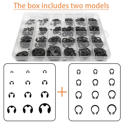 Heavy Duty 324 Piece Carbon Steel Retaining Ring Kit With 12 C Clips And 12 E Ring Sizes in a compartmentalized case
