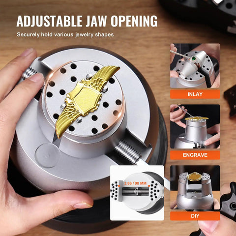 5 Inch Ball Vise Engraving Block With 360 Degree Rotation, Pro Grade Jewelry Inlay And Small Scale Engraving Kit, Includes 35 Attachments For Gemstone Inlay And Fine Detailing, Durable Chrome Plated Steel Vise For Precision Craft, adjustable jaw opening